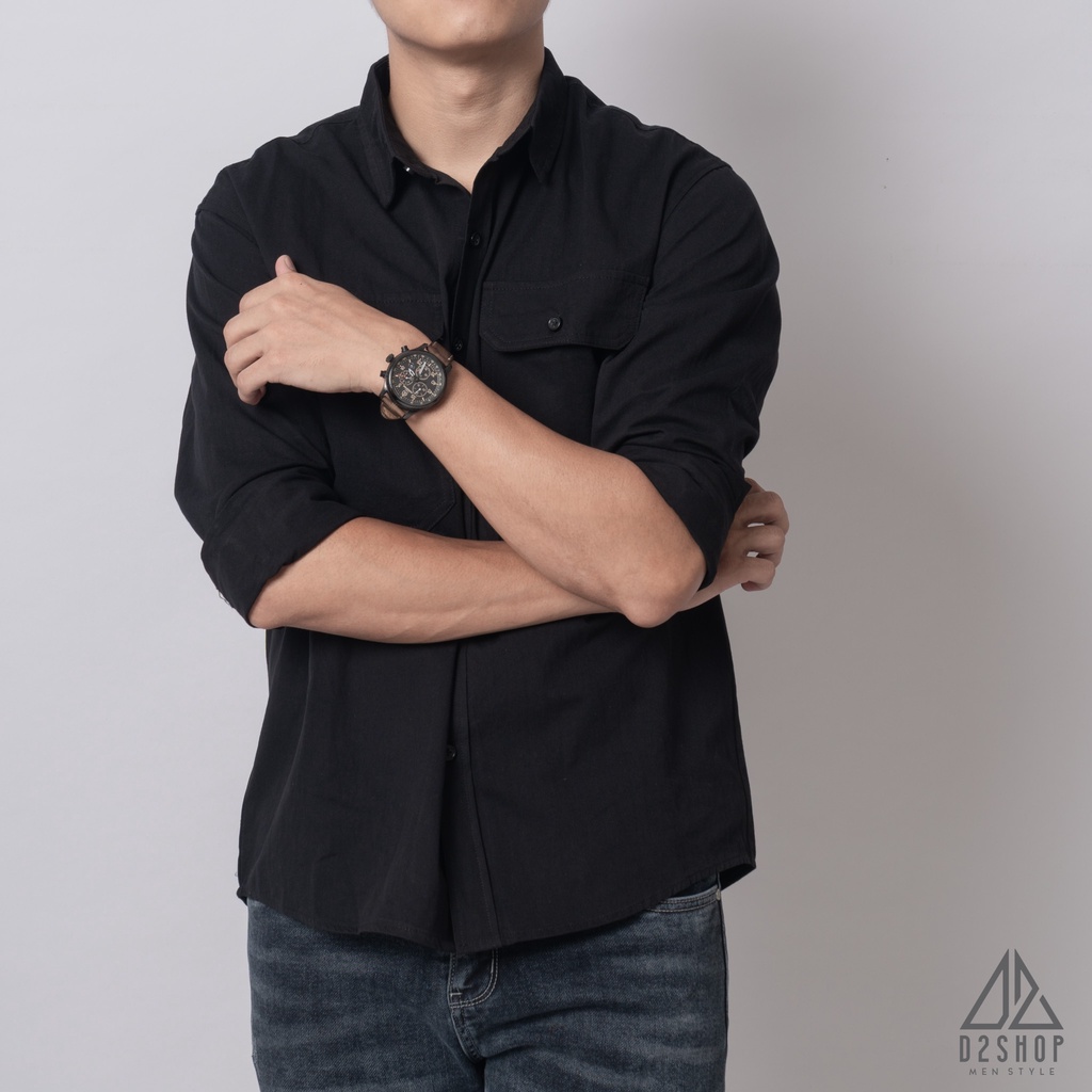 Áo sơ mi D2shop, áo sơ mi nam dài tay vải kaki túi hộp, màu đen