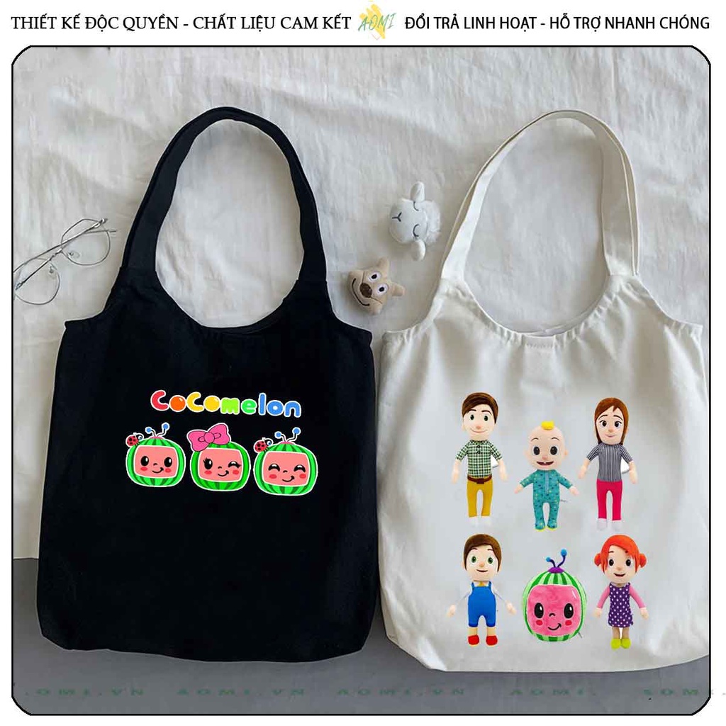 TOTE CANVAS COCOMELON FORM TRÒN TÚI VẢI ĐEO VAI BAG NÚT BẤM SIZE LỚN AOMIVN DU LỊCH DẠO PHỐ CÁ TÍNH