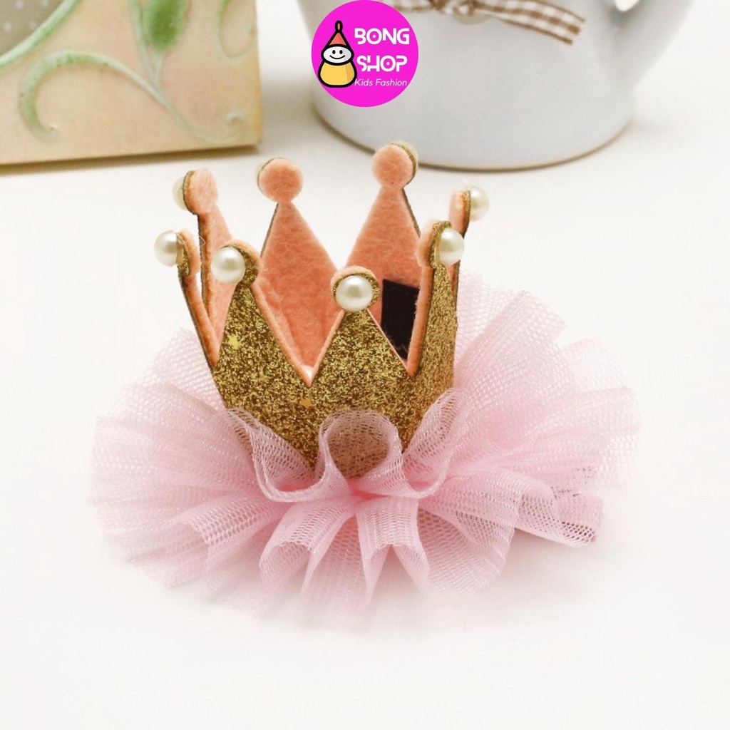 Kẹp tóc bé gái hình vương miện công chúa phủ kim tuyến viền ren, turban, cặp tóc cho bé