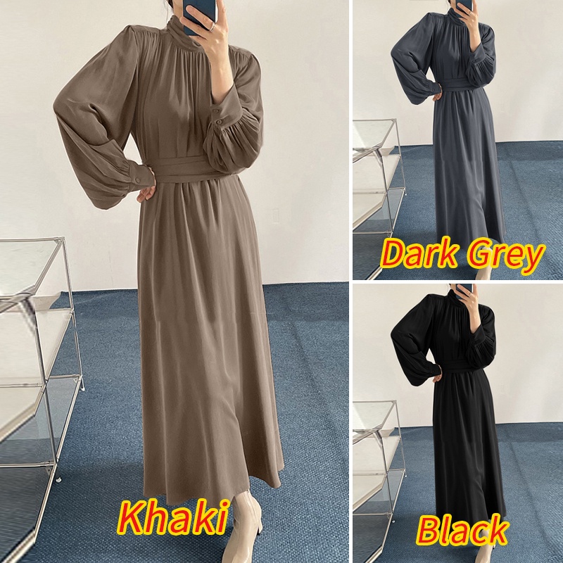 Đầm ZANZEA cổ cao tay phồng phối xếp ly thanh lịch cho phái nữ