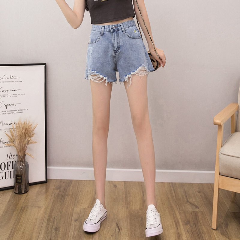 Quần Short Denim Lưng Cao Thiết Kế Rách Cá Tính thêu hoa cúc Jeans hàng Quảng Châu