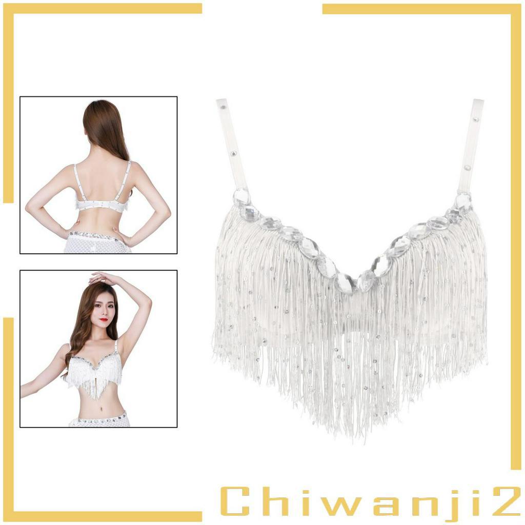 [Chiwanji2] Áo Ngực Múa Bụng Đính Kim Sa Lấp Lánh Phối Tua Rua Màu Trắng Dành Cho Tiệc Tùng