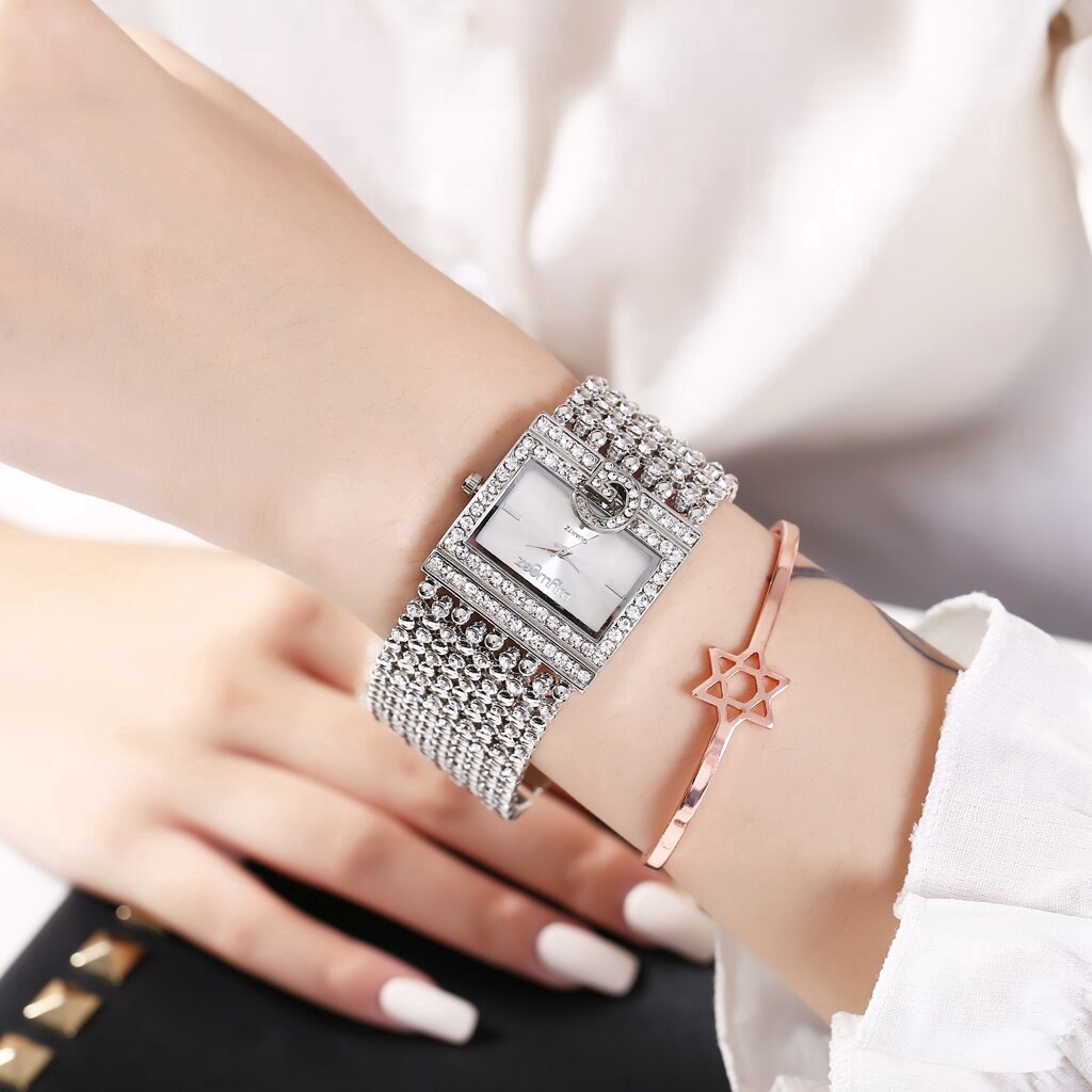 Đồng hồ đeo tay bộ máy thạch anh mặt dáng vuông đính đá lấp lánh dây đeo thép không gỉ sang trọng thời trang cho nữ