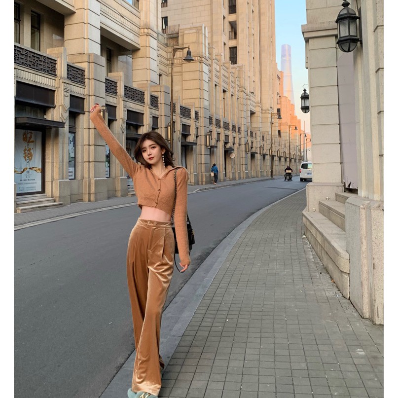 Set áo len lông mịn + quần cạp cao ống suông nhung nữ tính HS109 Hỉn Hỉn Store