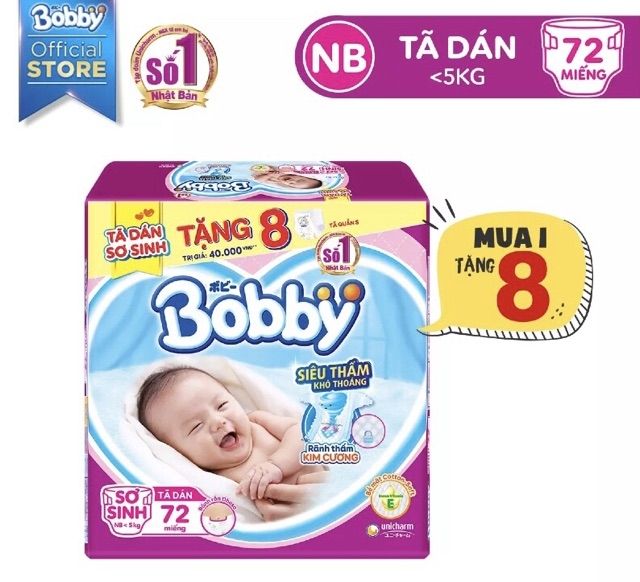 Miếng lót bobby newborn 1(108m)tặng 9 miếng xs/ bobby newborn / tã dán xs 72 tặng