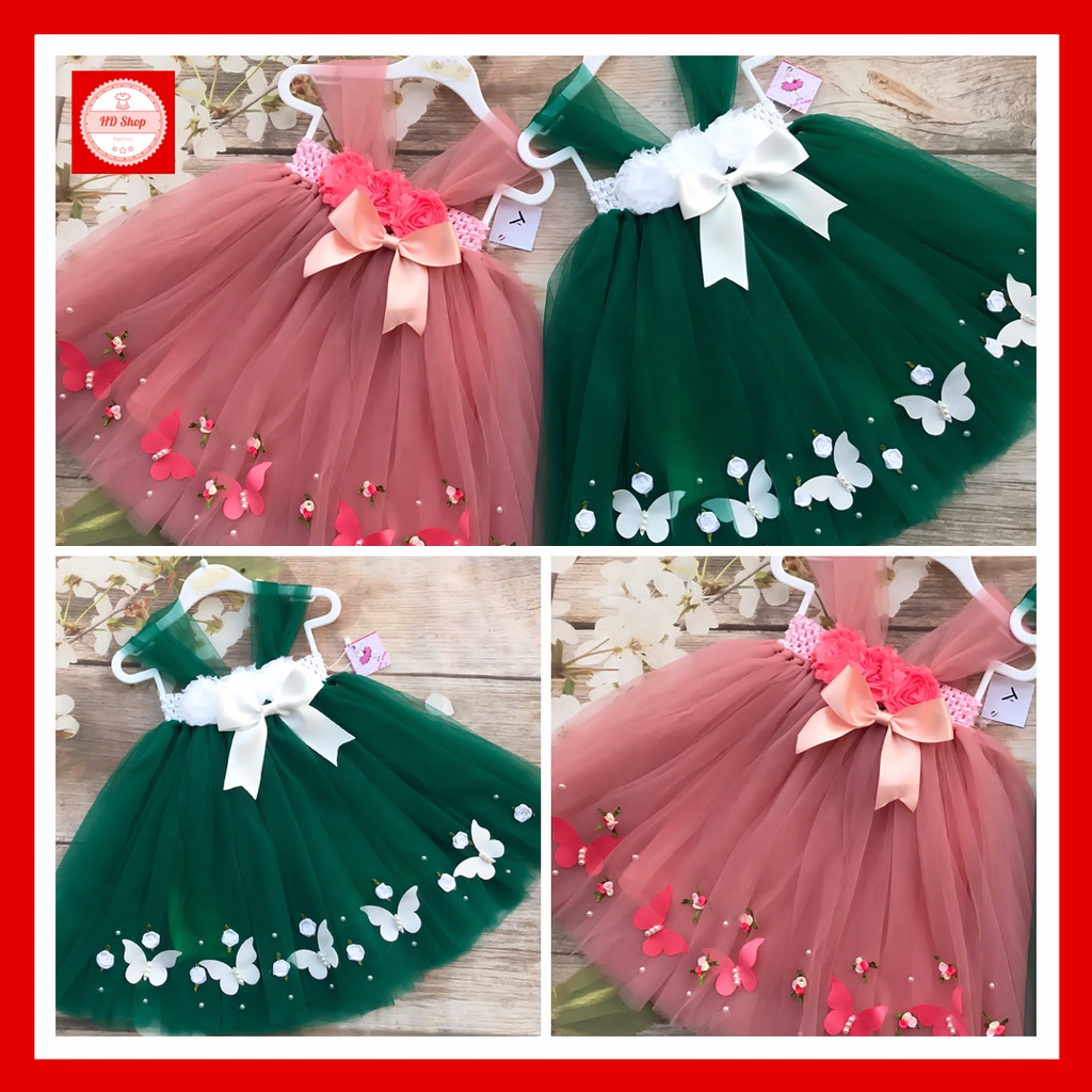 Đầm bé công chua hoa 3d cho bé gái