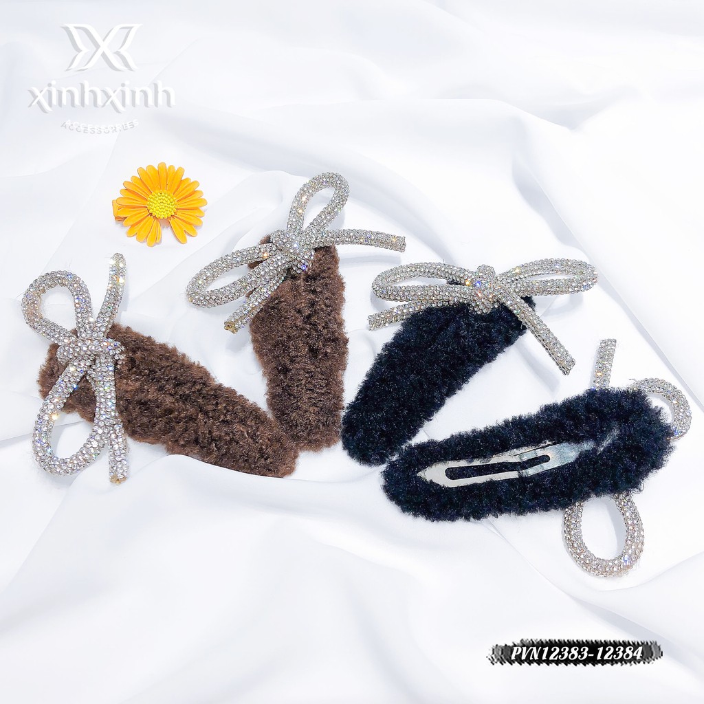 Kẹp Tóc, Cặp Tóc Mái Xù Nơ Đá Nhân Tạo Cao Cấp - Xinh Xinh Accessories
