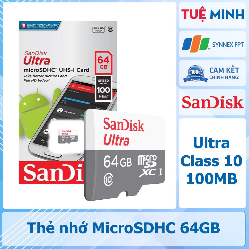 Thẻ nhớ MicroSD 64GB SanDisk Ultra Class 10 100MB - Hàng chính hãng phân phối