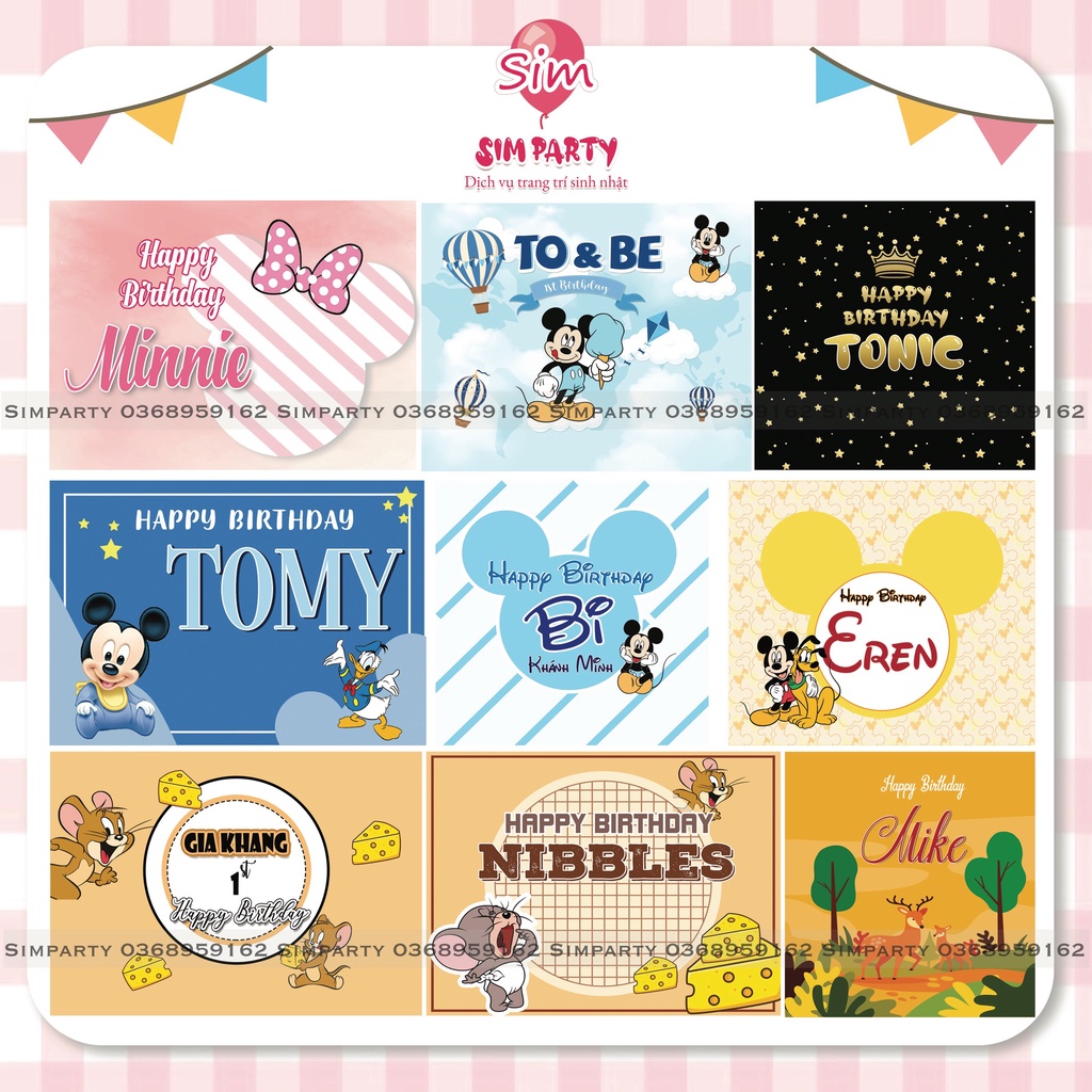 Backdrop trang trí sinh nhật bé trai bé gái phông bạt vải Silk, Hiflex in trực tiếp theo tên bé