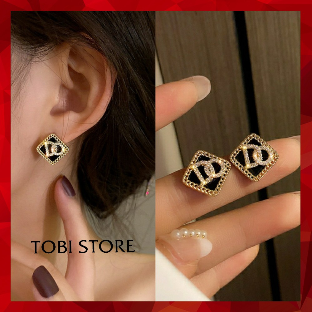 Bông tai nữ thương hiệu CD vuông màu đen đính đá TOBI STORE TB404