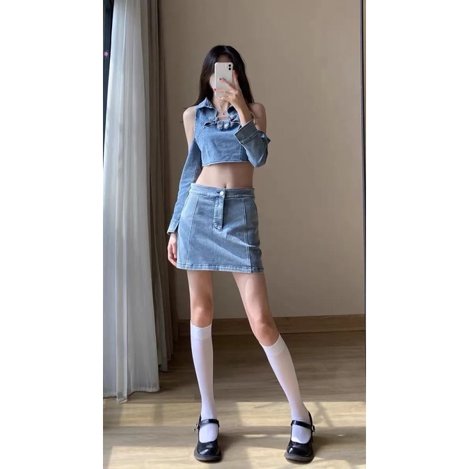 Set Áo denim Trễ Vai Và Chân Váy Jeans Thời Trang Dành Cho Nữ (Có Bán Lẻ)