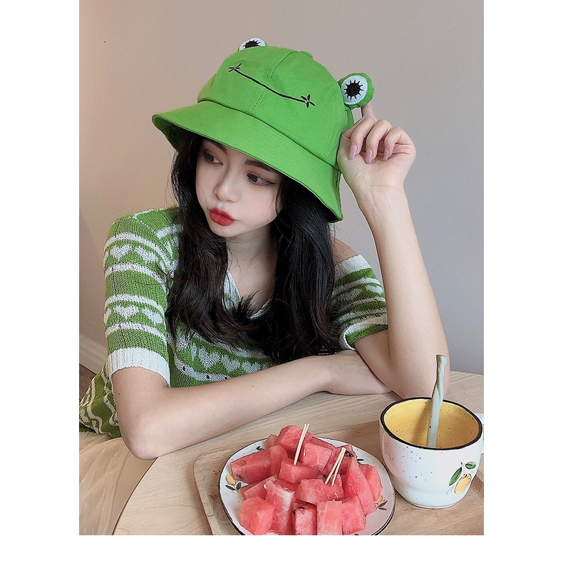 Nón vành chống nắng họa tiết ếch hoạt hình phong cách Nhật Hàn dễ thương cho nữ