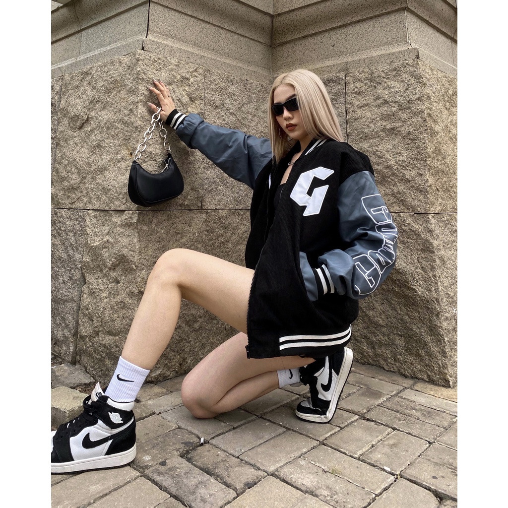 Áo Khoác Nhung Tăm Form Rộng Phối Tay Da Leather Seeve Jacket Varsity V18