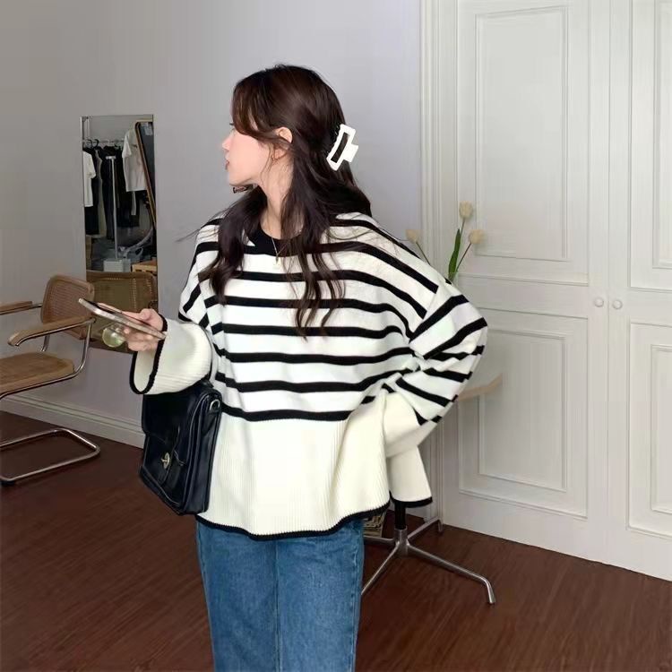 NZN Áo len nữ dài tay cổ tròn sọc ngang màu sắc thời trang