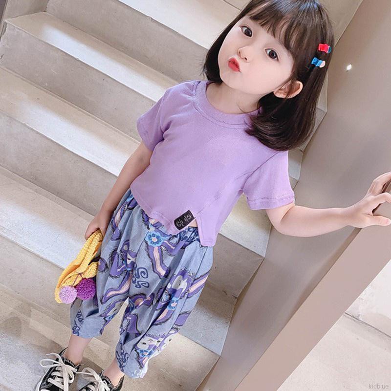 Bộ đồ áo tay ngắn cổ tròn và quần dáng rộng họa tiết hoạt hình phong cách Hàn Quốc xinh xắn cho bé gái