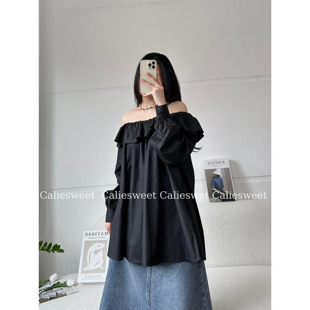 Áo trễ vai bèo CALIESWEET áo sơ mi dài tay trễ vai năng động phong cách Hàn Quốc