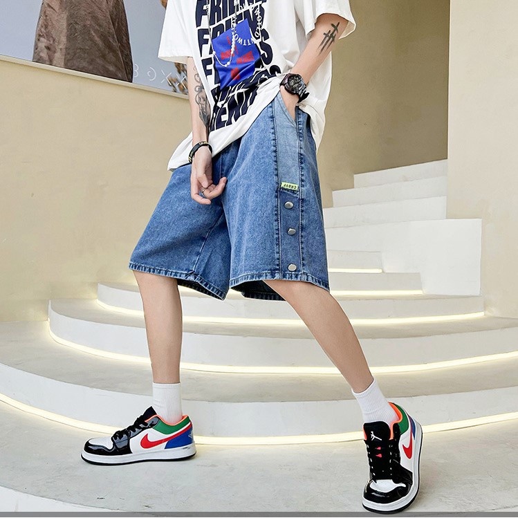 Quần đùi bò ống rộng nam nữ unisex lưng chun màu xanh xám khuy bấm đẹp 653 Pon.mens