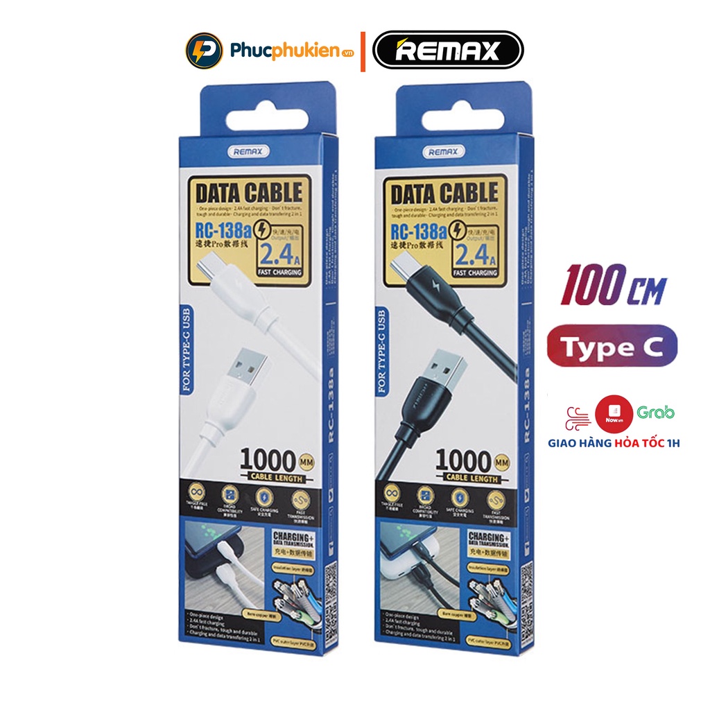 Dây sạc chính hãng Remax 138 hỗ trợ sạc nhanh 12w cho smart phone - Phúc Phụ Kiện Bảo hành 12 tháng 1 đổi 1