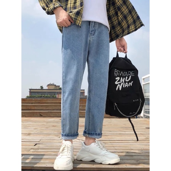 QUẦN BAGGY JEANS XANH TRƠN FORM UNISEX NAM NỮ (hình chụp thật)