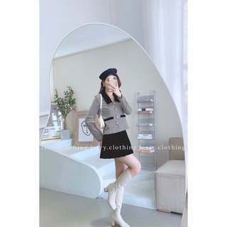 Set Áo Dạ Kẻ Tay Dài Kèm Chân Váy Nhung Ngắn Xếp Ly S336A