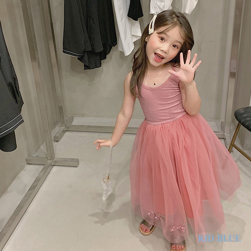 Đầm Công Chúa Mùa Hè Hai Dây Phối Lưới Màu Sắc Ngọt Ngào Phong Cách Hàn Quốc Cho Bé Gái