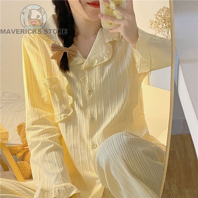 Bộ Đồ Ngủ Tay Dài Phối Bèo Màu Trơn Phong Cách Hàn Quốc Thời Trang Mùa Thu Cho Nữ