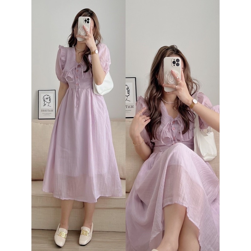 Đầm đũi tơ cổ bèo vuông hot hit đính nút ngọc - Váy maxi dáng dài màu pastel hàng Quảng Châu