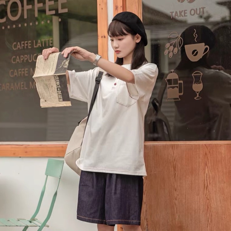 Bộ Áo Phông Rộng Chỉ Nổi + Quần Ngố Bò Phong Cách Nhật Bản COTTON 100%