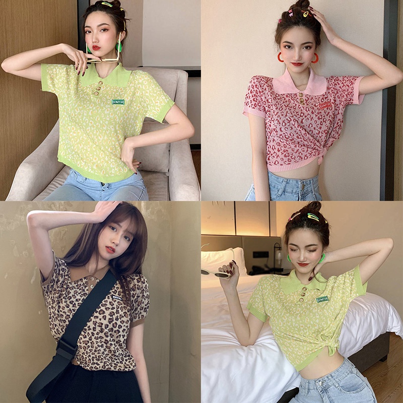 Áo croptop dệt kim in họa tiết màu sắc retro xinh xắn dành cho nữ