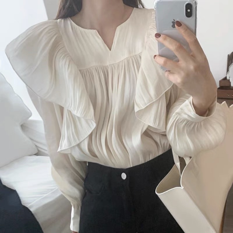 Áo sơ mi kiểu chất voan cổ tròn xếp li gợn sóng