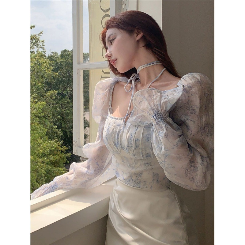 Áo chiffon Trễ Vai Họa Tiết Hoa + Chân Váy Lưng Cao Màu Trắng / Xanh Dương Chất Liệu satin Cao Cấp Thời Trang