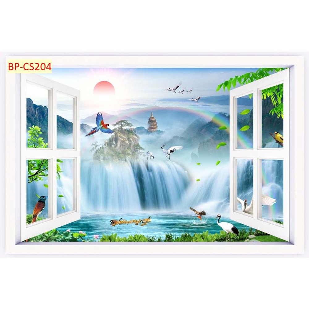 Tranh dán tường 3D khung cửa sổ thiên nhiên trong lành Vải Lụa 3D Cao Cấp