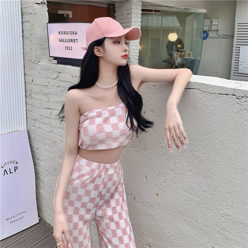 Áo ống và Quần dài ống rộng in sọc caro phong cách hè cho nữ (Có bán lẻ)