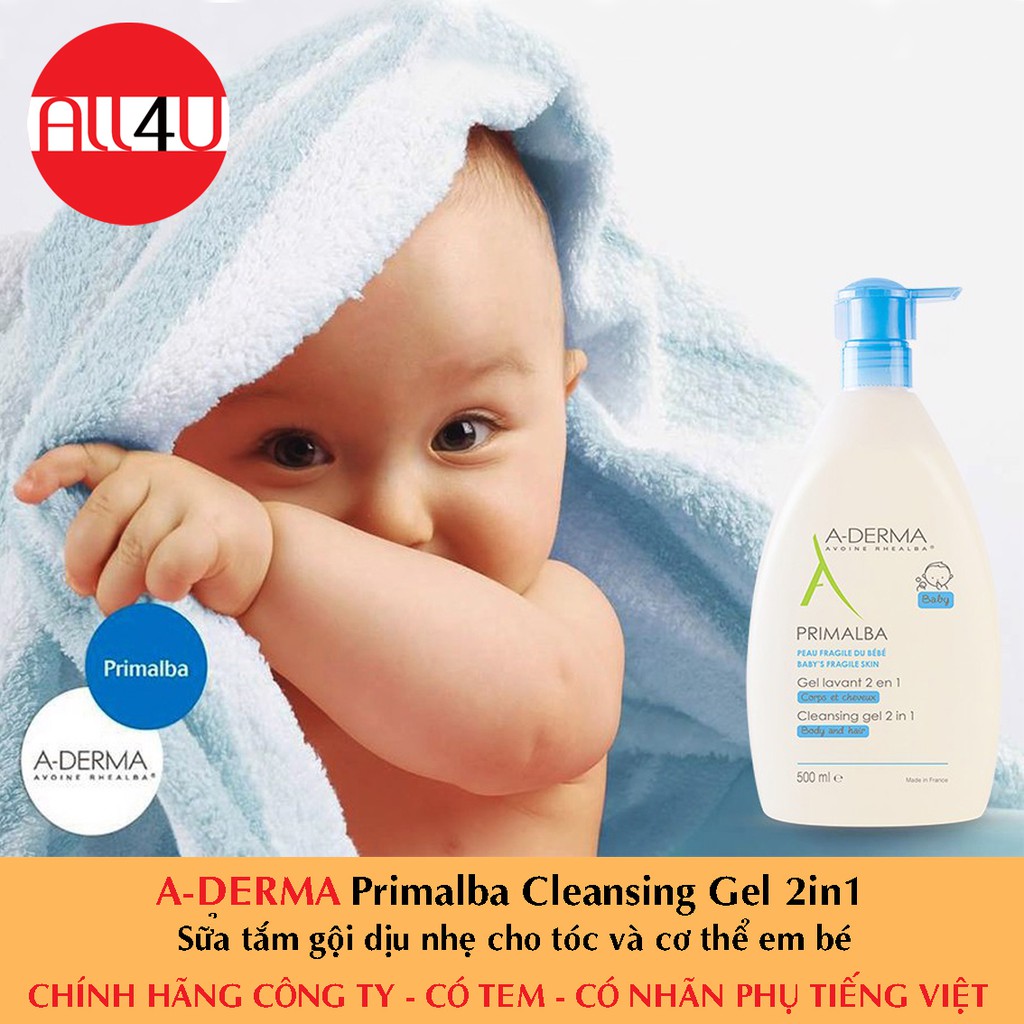 [CHÍNH HÃNG CÓ TEM] A-DERMA Primalba Cleansing Gel 2in1 - A-Derma Sữa tắm gội dịu nhẹ cho tóc và cơ thể em bé
