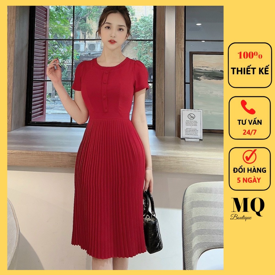 áy công sở nữ liền thân dáng xòe xếp ly nhỏ ống tay rúm nhẹ, cổ tròn nẹp khuy bọc thiết kế MQ Boutique cao cấp