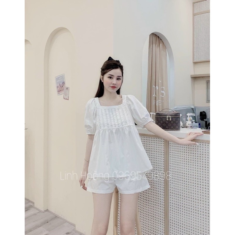 set bộ cộc cổ vuông xếp li ngực