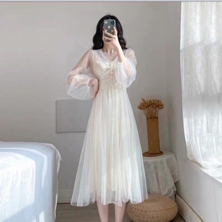 [SẴN + Ảnh thật] Váy cúc dọc ngực cực xinh chụp kỉ yếu màu kem hàng có sẵn