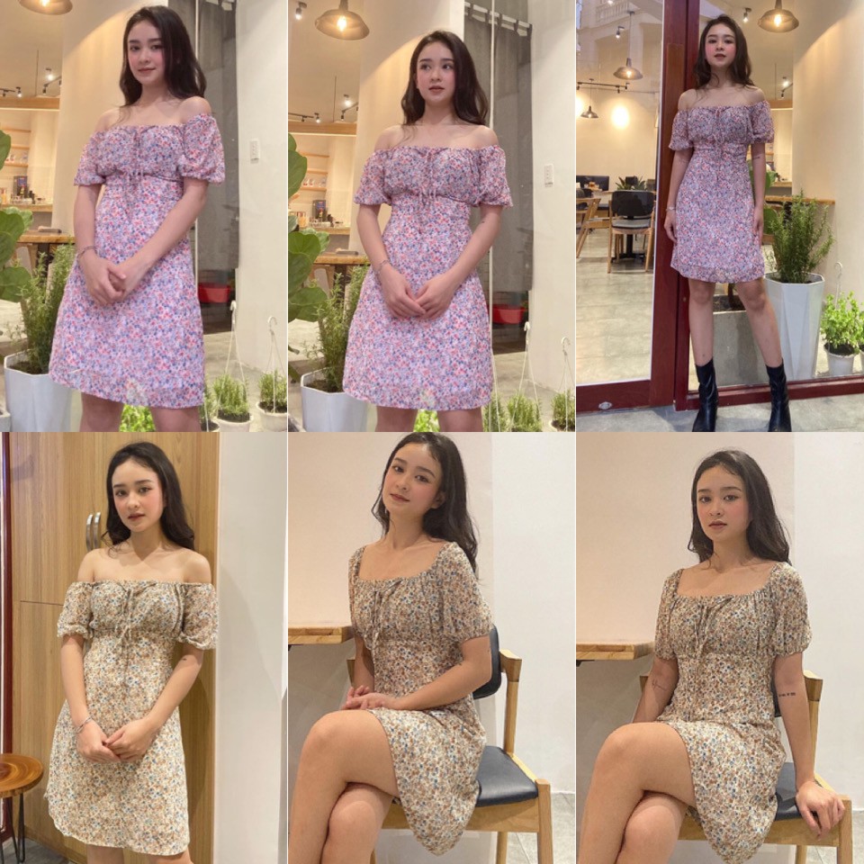 Đầm xinh Xmas Dress hoạ tiết hoa nhí chất vải lụa voan from chuẩn tôn dáng có bo chun co giãn phía sau tay bèo trễ vai | BigBuy360 - bigbuy360.vn
