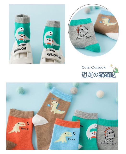 Set 5 đôi tất, hoạ tiết khủng long con cute, cotton 100%