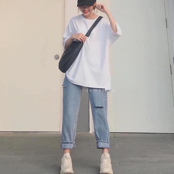 Set áo trơn trắng + bò baggy rách