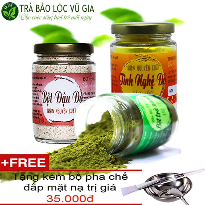 [Bộ 3] Bột Trà Xanh Nguyên Chất 100g + Bột Đậu Đỏ Nguyên Chất 100g + Tinh Nghệ Đỏ Nguyên Chất 100g + Tặng Bộ Đắp Mặt