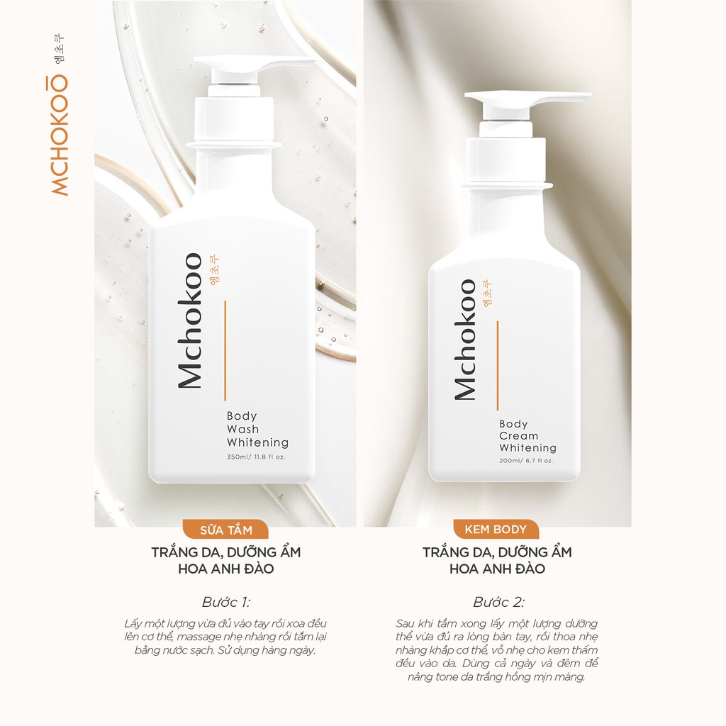 Bộ Trắng Da Body Hoa Anh Đào Mchokoo Dưỡng Ẩm Dưỡng Trắng Body Nâng Tone Cấp Ẩm Mềm Mịn Sữa Tắm 350ml + Kem Body 200ml