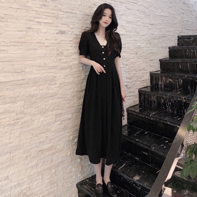 Váy xoè dáng dài cổ pha ren tay bồng vintage (có size to) [Ảnh thật 2-5]