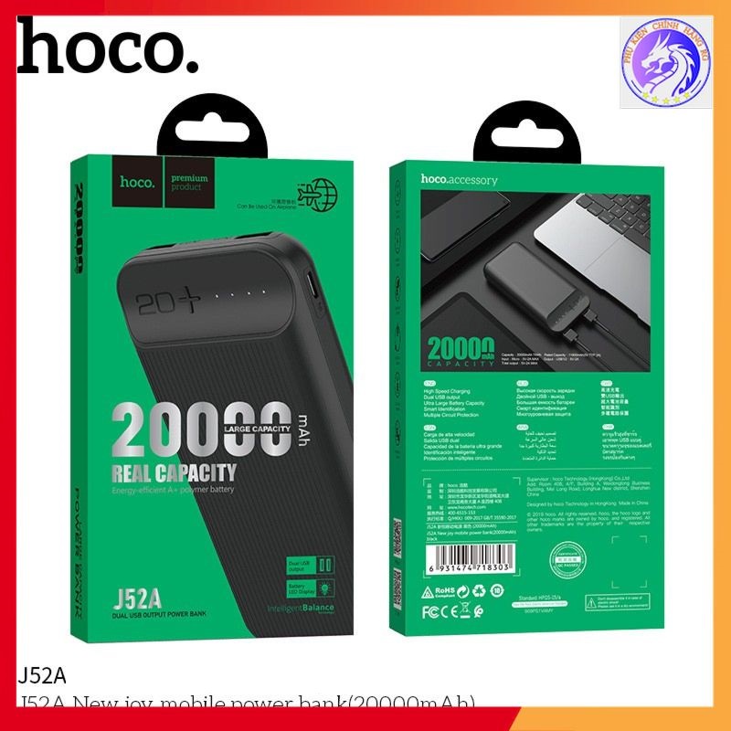 Pin Sạc Dự Phòng Cao Cấp Hoco J52A New Joy 20000 mAh 2 Cổng Sạc Output Max 2A Sạc Nhanh