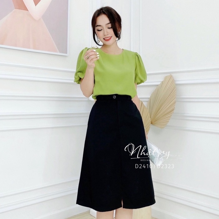 Áo nữ Nhật Vy tay phồng cổ tròn nhún vai đính cúc chất cotton phù hợp công sở dự tiệc đi chơi dạo phố sang trọng - D2410