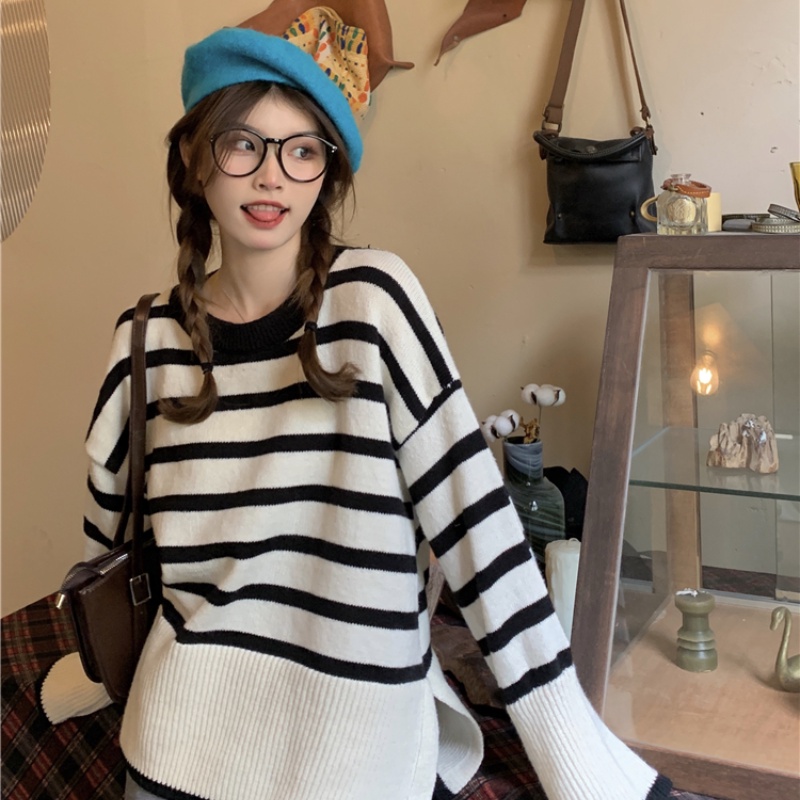 Áo Sweater Dệt Kim Dáng Rộng Kẻ Sọc Kiểu Hàn Quốc Thời Trang Mùa Thu Cho Nữ