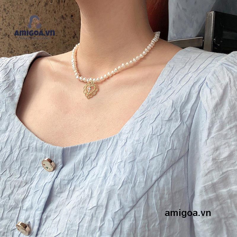 ✨✨Vòng cổ chuỗi hạt ngọc trai giả mặt dây hình trái tim đính đá giả thời trang sang trọng cho nữ