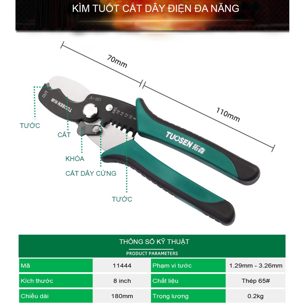 Kìm tước dây điện 8inch, bấm cos đa năng 11444 Tuosen