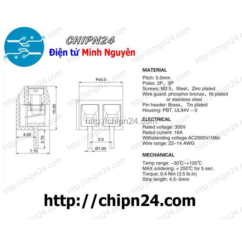 [5 CÁI] (F60) Domino KF301 3P (5mm) (Terminal, Cầu đấu dây cọc nguồn)