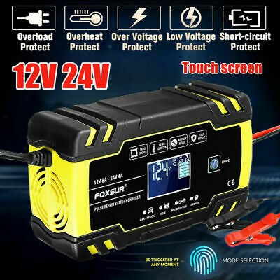 Sạc bình ắc quy 12V 24V 6Ah - 150Ah FOXSUR tự ngắt khi đầy chức năng bảo dưỡng phục hồi ắc quy bằng khử sunfat